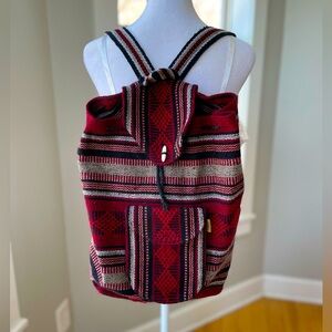 Vintage Artesian Black Red Wool Tribal Festival Woven Backpack with Drawstring